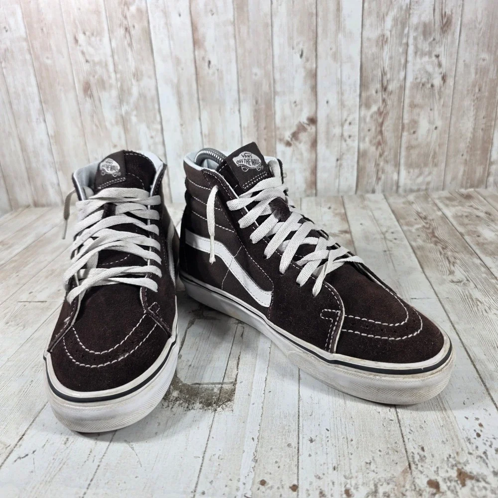 Vans Sk8-Hi High Top Sneakers‎ Brown Suede White Stripe Womens 8 Mens 6.5